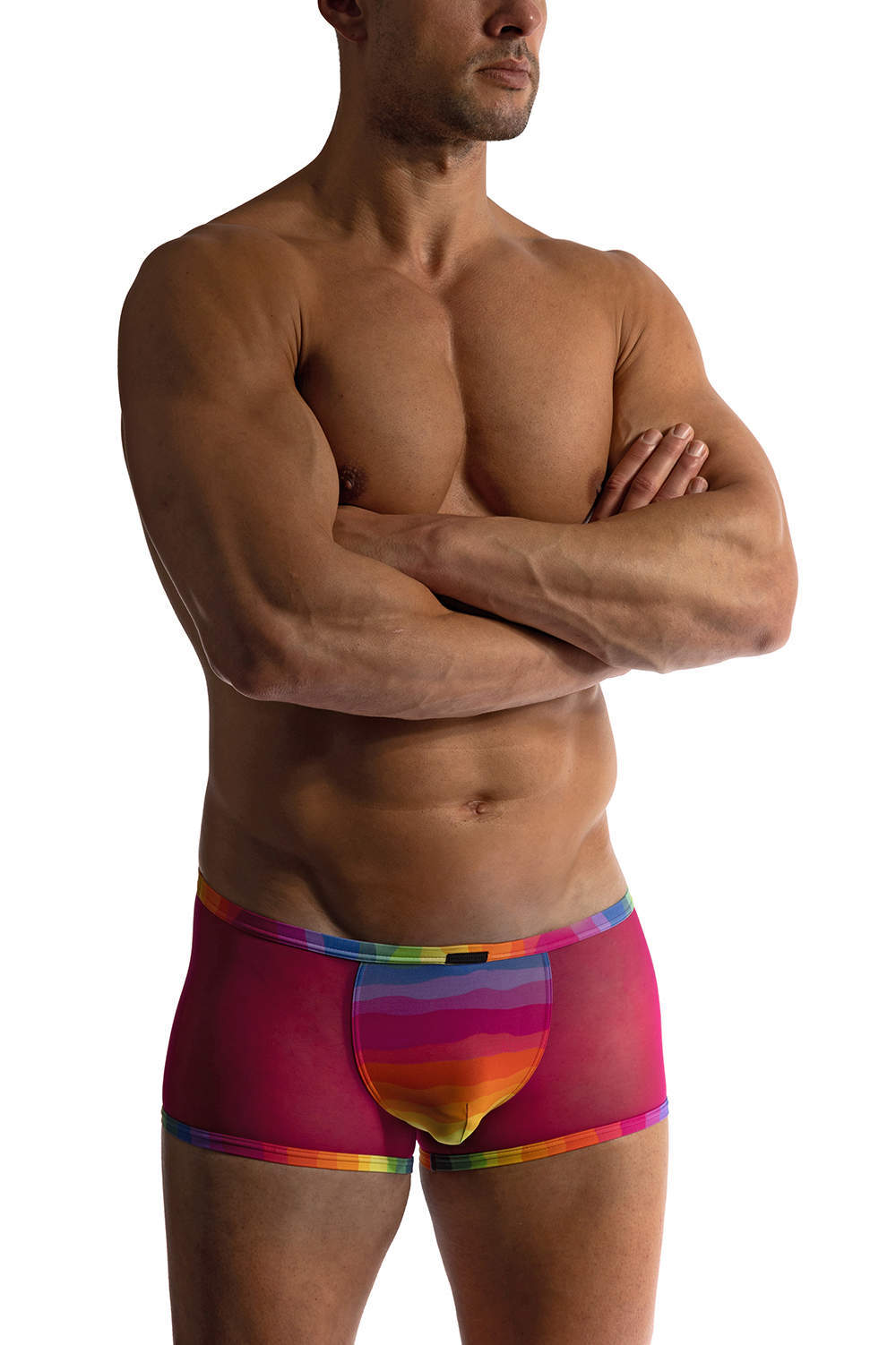 Shop Manstore M2411 Micro Pants men’s underwear boxer briefs in pink see through mesh and rainbow stripes. Buy bright male boxer brief trunks online