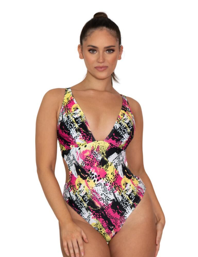 This stunning showstopper swimsuit from the Sea Leopard range at Curvy Kate will have all eyes on you and give you great confidence when wearing. The vibrant print sits on this modern style swimsuit with a rear and side cut-out to enhance your silhouette. The cups are non-wired with a deep plunge neckline for a natural shape yet a great cleavage appearance.  Standout, stylish design Side/rear cut-out Non-wired Plunge neckline Moderate rear coverage Adjustable straps Pull-on design with clasp fastening Composition: 80% Nylon &pipe; 20% Lycra  Listed in UK sizes  48493-88062-1165815 CS017606 Swimsuit