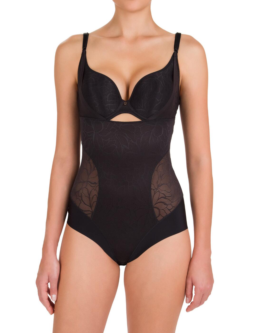 You can mix and match this shapewear with your own bra. This Conturelle by Felina is a full-body shapewear piece but without cups. The body will help with control over your back, torso and sides by the strong control panels and materials. And with adjustable straps, you don't need to worry about this body slipping down. As a part of the Silhouette range, similar to the matching pieces this body has some fun and feminine sheer lace panels. You can have a peek at what's underneath on your back on down your sides through the gorgeous lace.