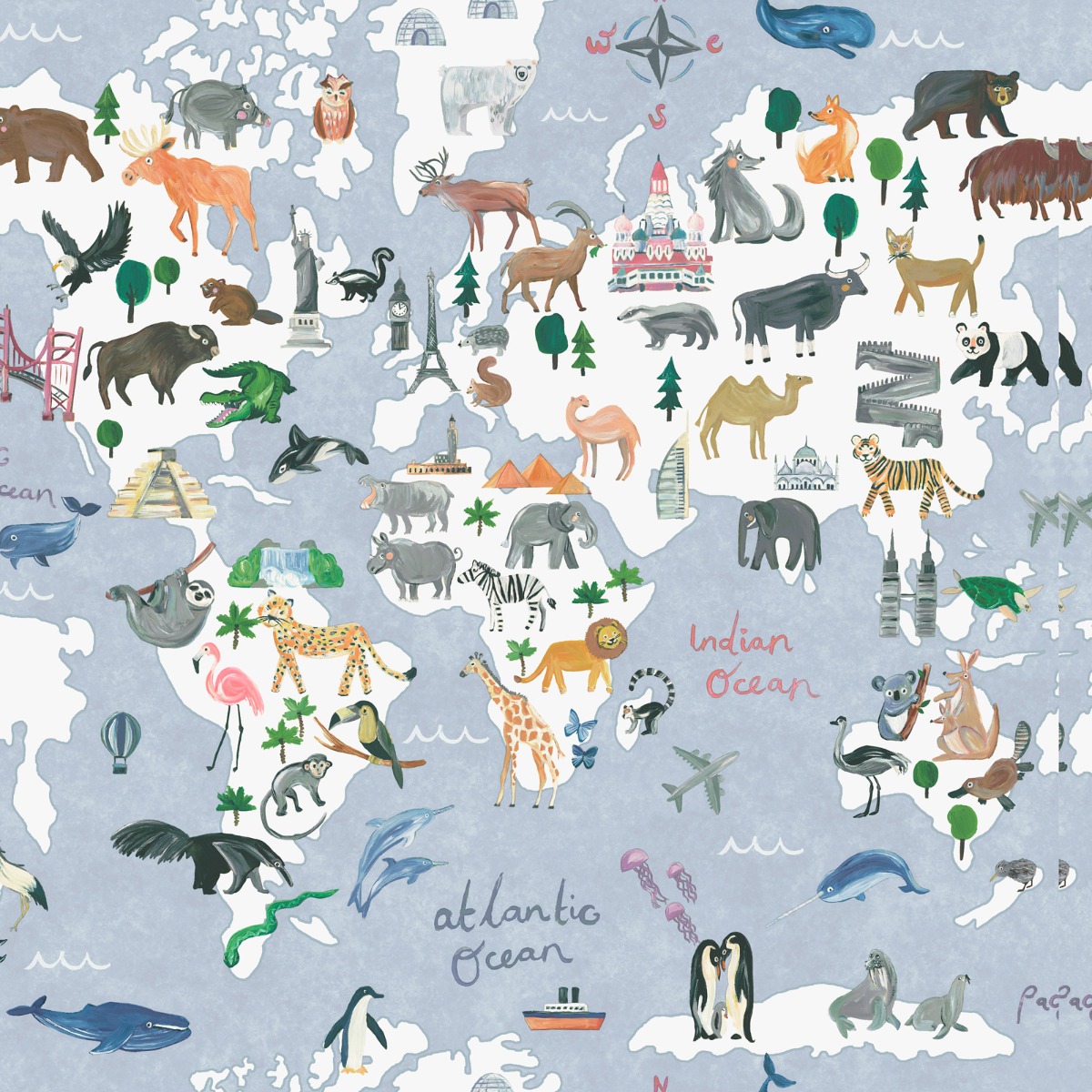 Holden Decor Animal Maps Blue Wallpaper 10m x 53cm, Blue
