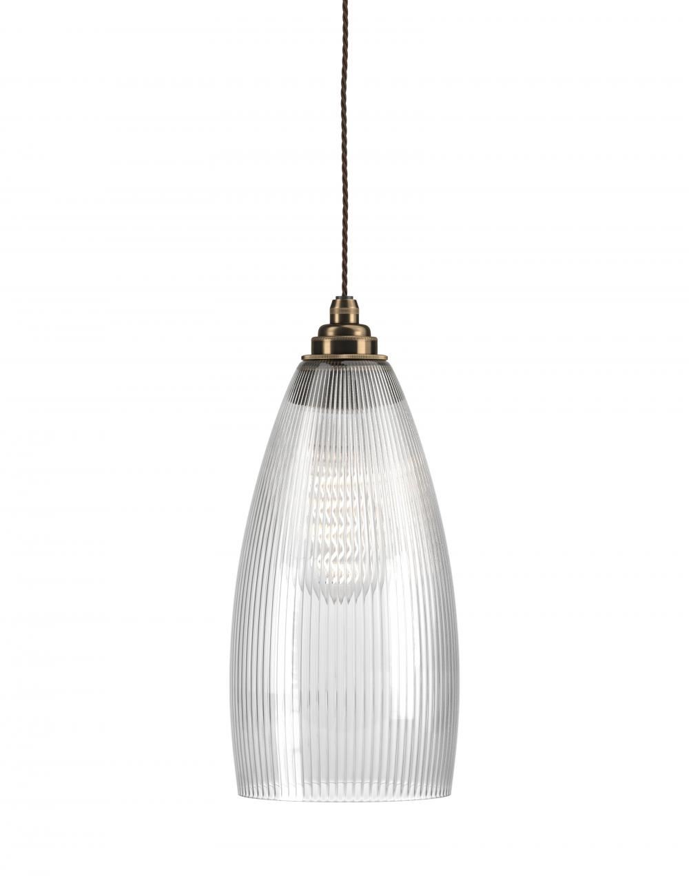 Fritz Fryer Upton Pendant Large Skinny Ribbed Antique Brass Clear Designer Pendant Lighting