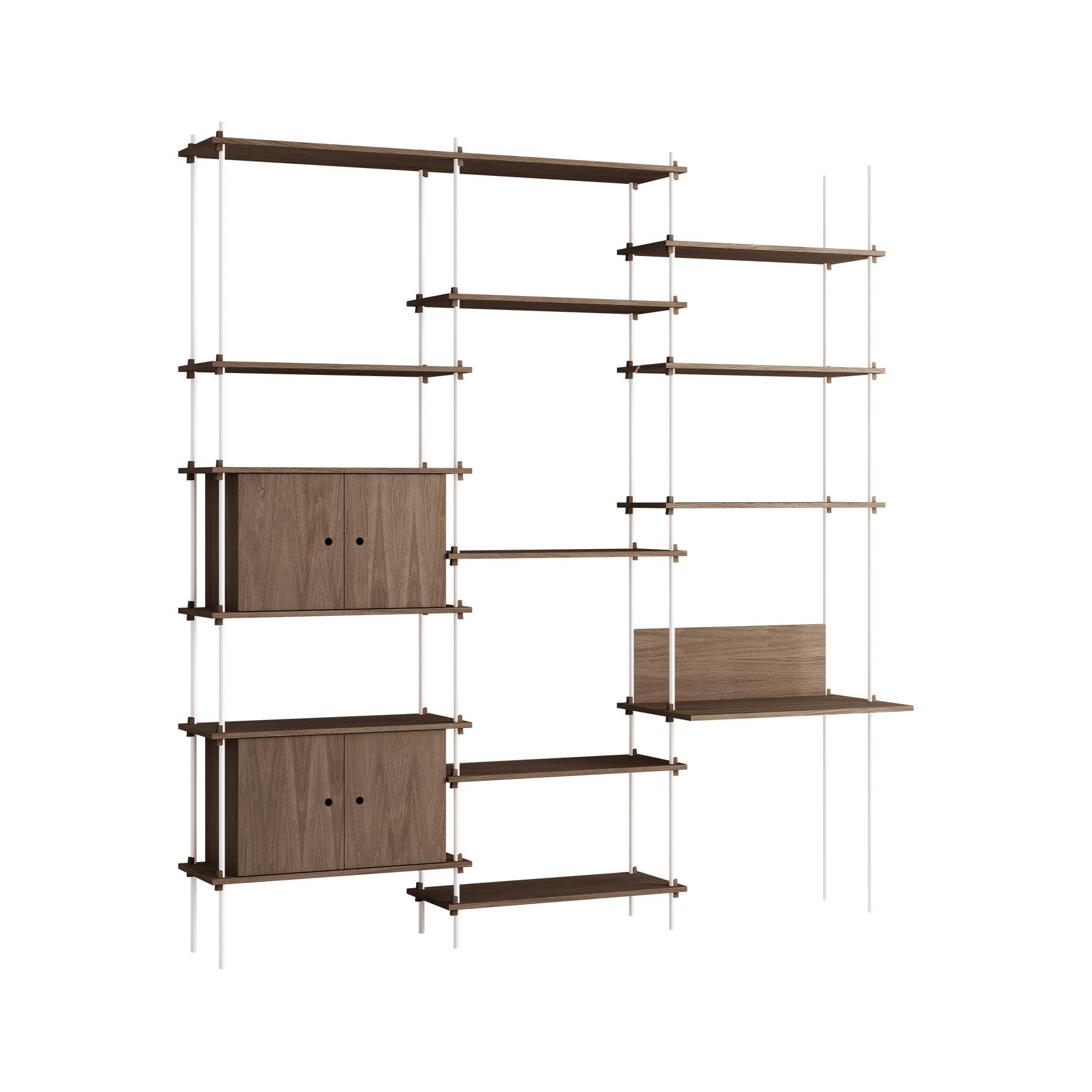 Moebe Triple Shelving System 2 Cabinets And Desk Smoked Oak White Dark Wood Designer Furniture From Holloways Of Ludlow