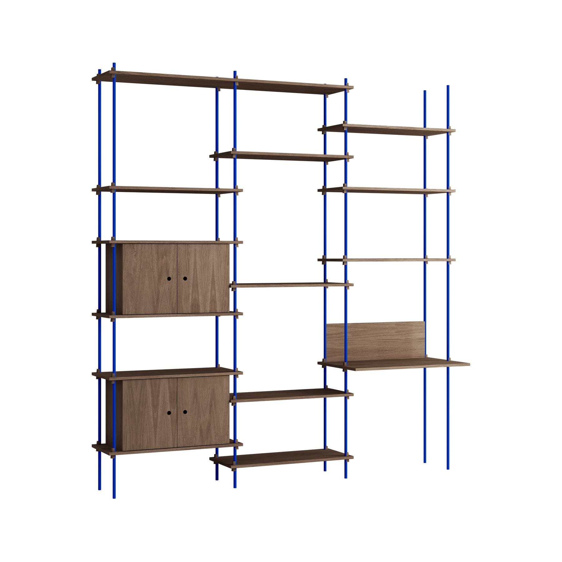 Moebe Triple Shelving System 2 Cabinets And Desk Smoked Oak Blue Dark Wood Designer Furniture From Holloways Of Ludlow