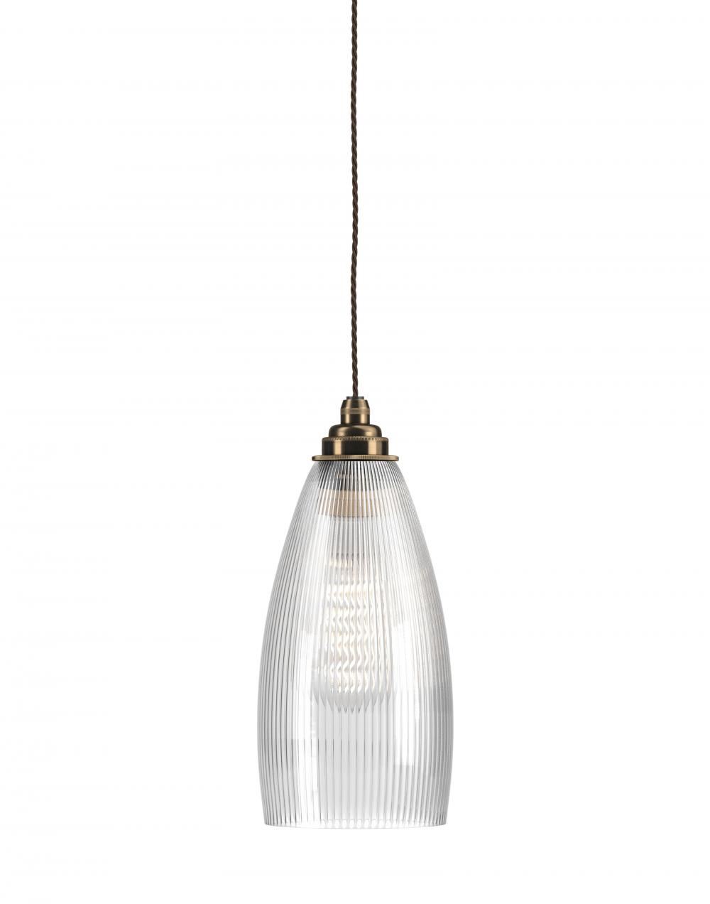 Fritz Fryer Upton Pendant Medium Skinny Ribbed Antique Brass Clear Designer Pendant Lighting