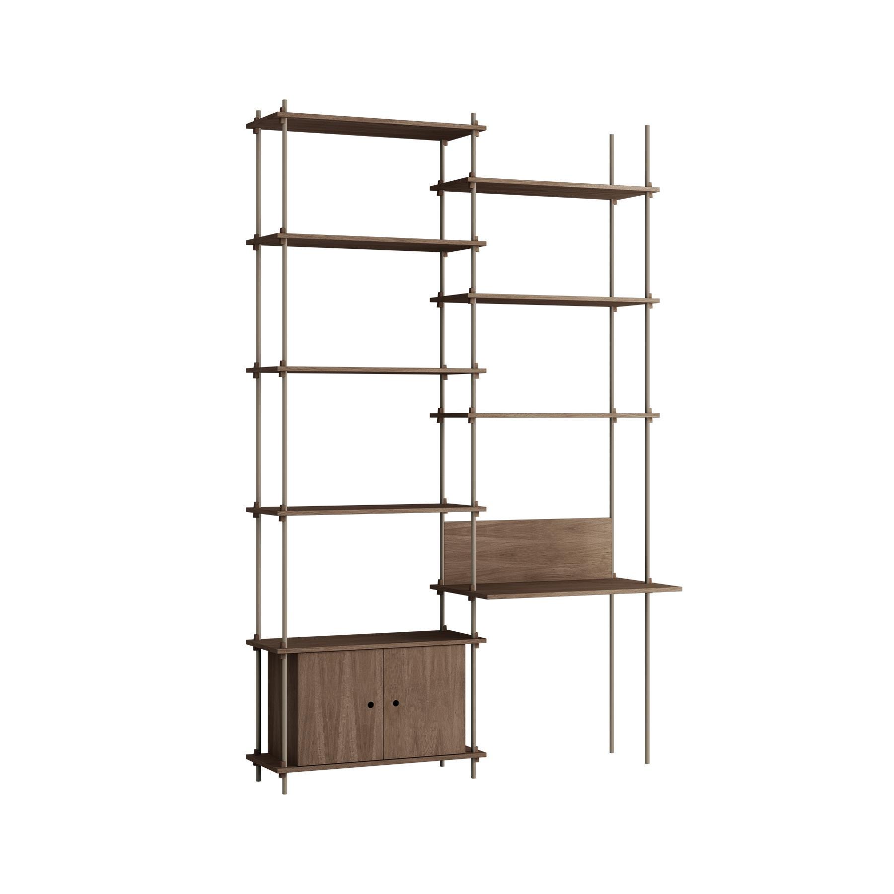 Moebe Double Shelving System With Desk And Cabinet Smoked Oak Warm Grey Dark Wood Designer Furniture From Holloways Of Ludlow