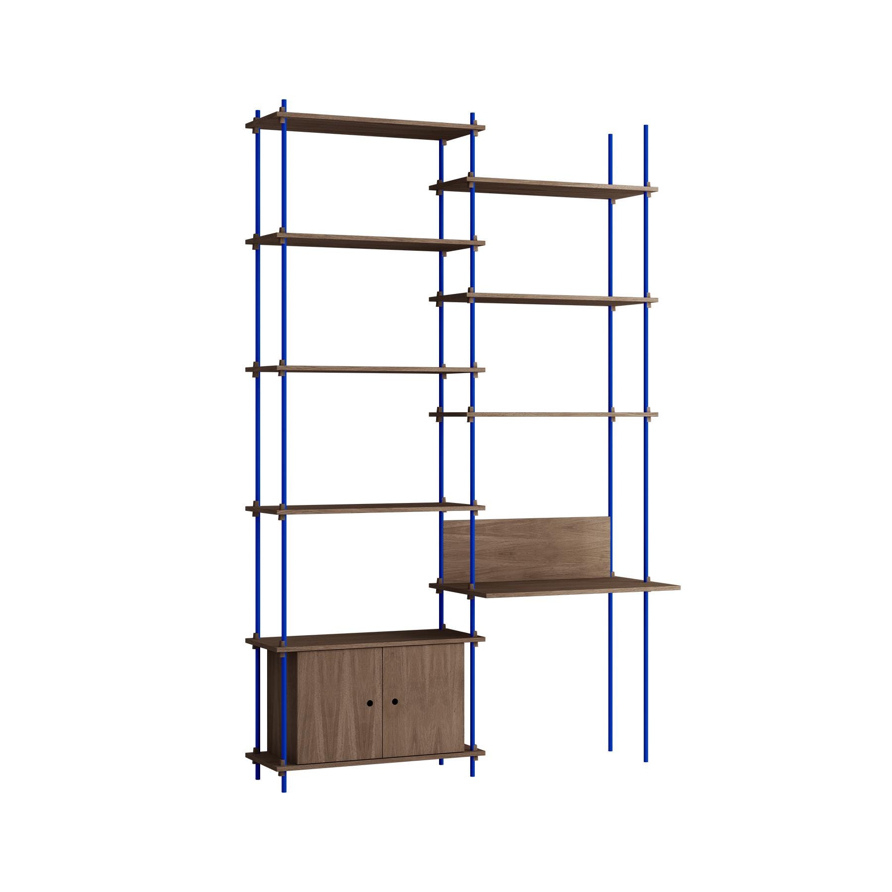 Moebe Double Shelving System With Desk And Cabinet Smoked Oak Blue Dark Wood Designer Furniture From Holloways Of Ludlow