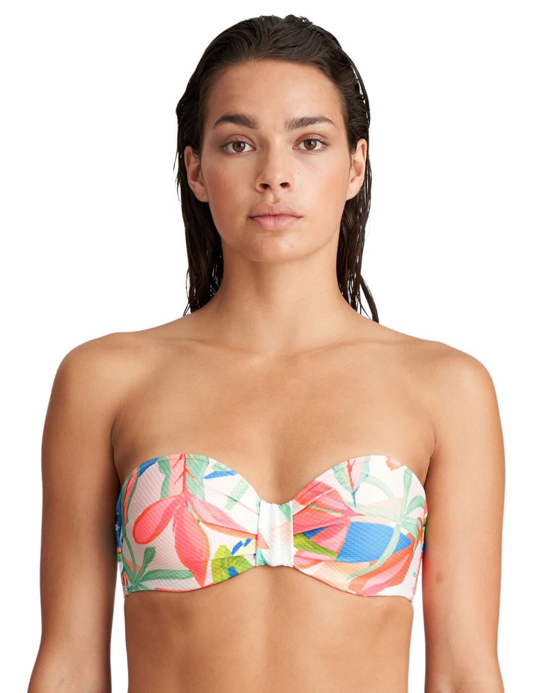 Feel amazing this summer in this strapless bikini top by Marie Jo. The Tarifa range provides flattering bikini pieces with feminine tropical floral prints. It has rounded cups that are padded and the bra is underwired for support. This bikini closes at the back with a clasp fastening and the straps are fully adjustable and removable allowing for an individual fit. The straps can be worn as normal, strapless and halterneck and they also feature a little pearl at the beginning of each strap.  Adaptable strapless bikini top Feminine vibrant print Rounded cups with padding Underwired for support Fastens at the rear with a clasp Fully adjustable and removable straps Little pearl at the beginning of the strap Country of origin: Tunisia Composition: 87% Polyester &pipe; 11% Elastane &pipe; 2% Polyamide Listed in UK sizes  54087-96802-1265097 1004918  Strapless Padded Bikini Top