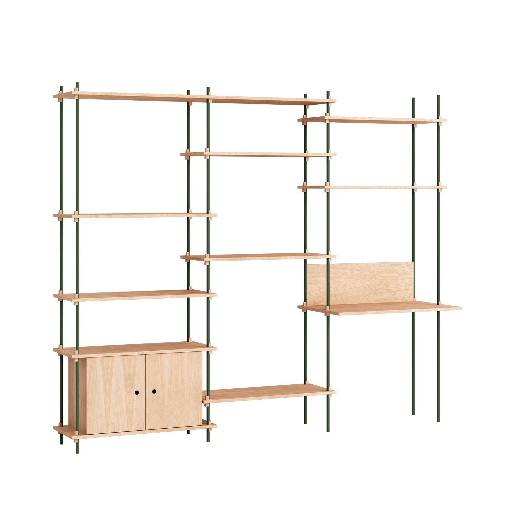 Moebe Triple Shelving System With 1 Cabinet And Desk Oak Pine Green Light Wood Designer Furniture From Holloways Of Ludlow