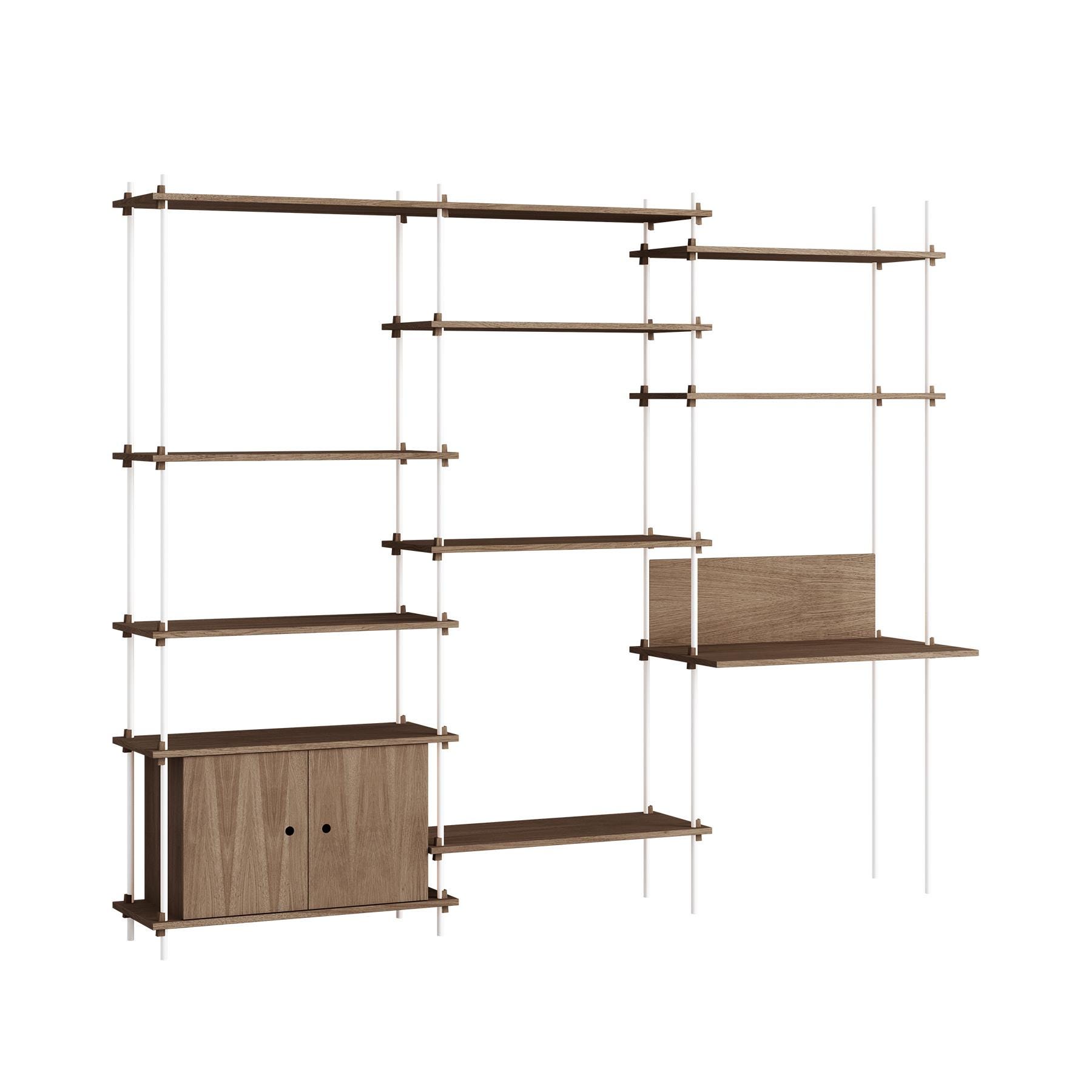 Moebe Triple Shelving System With 1 Cabinet And Desk Smoked Oak White Dark Wood Designer Furniture From Holloways Of Ludlow