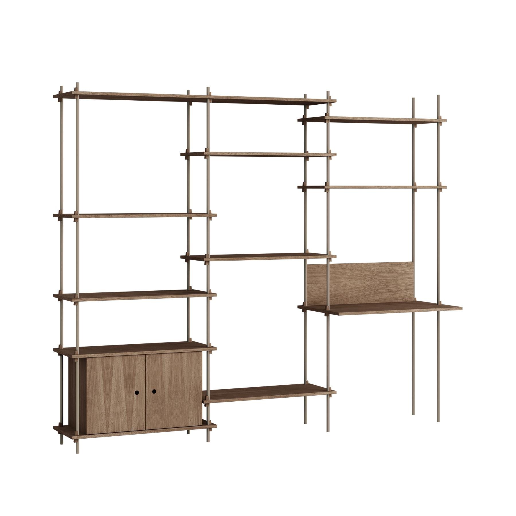 Moebe Triple Shelving System With 1 Cabinet And Desk Smoked Oak Warm Grey Dark Wood Designer Furniture From Holloways Of Ludlow