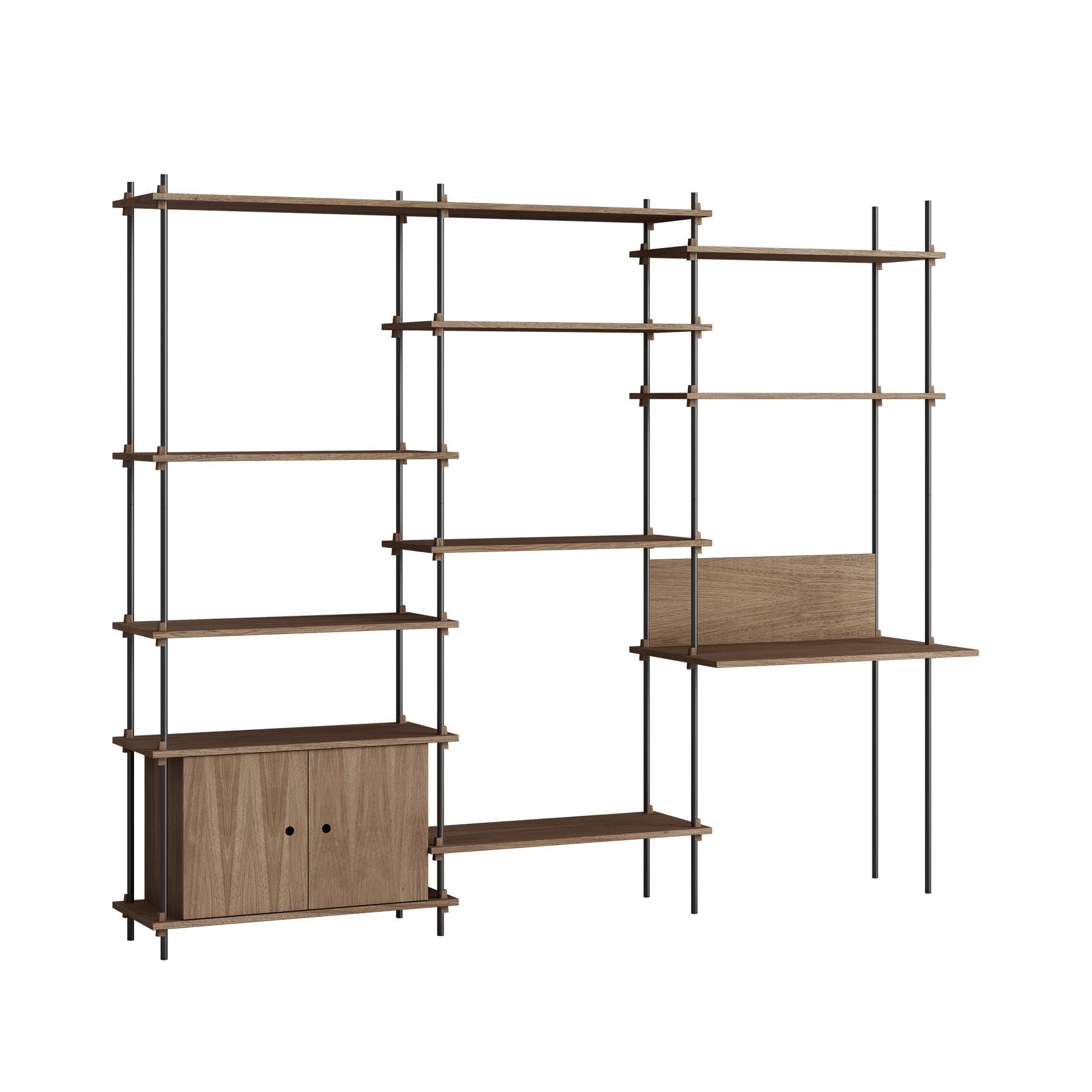 Moebe Triple Shelving System With 1 Cabinet And Desk Smoked Oak Black Dark Wood Designer Furniture From Holloways Of Ludlow