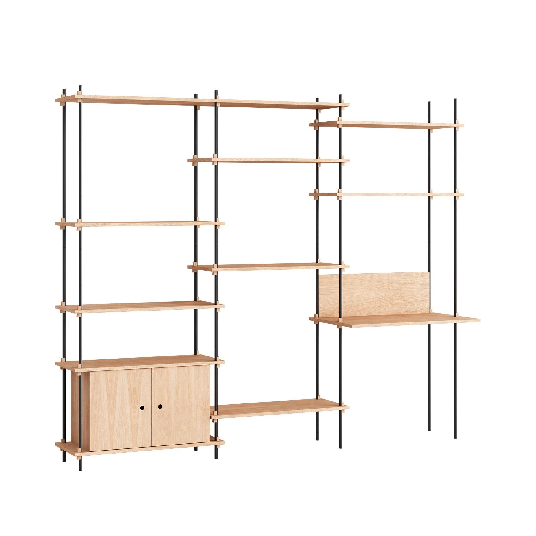 Moebe Triple Shelving System With 1 Cabinet And Desk Oak Black Light Wood Designer Furniture From Holloways Of Ludlow