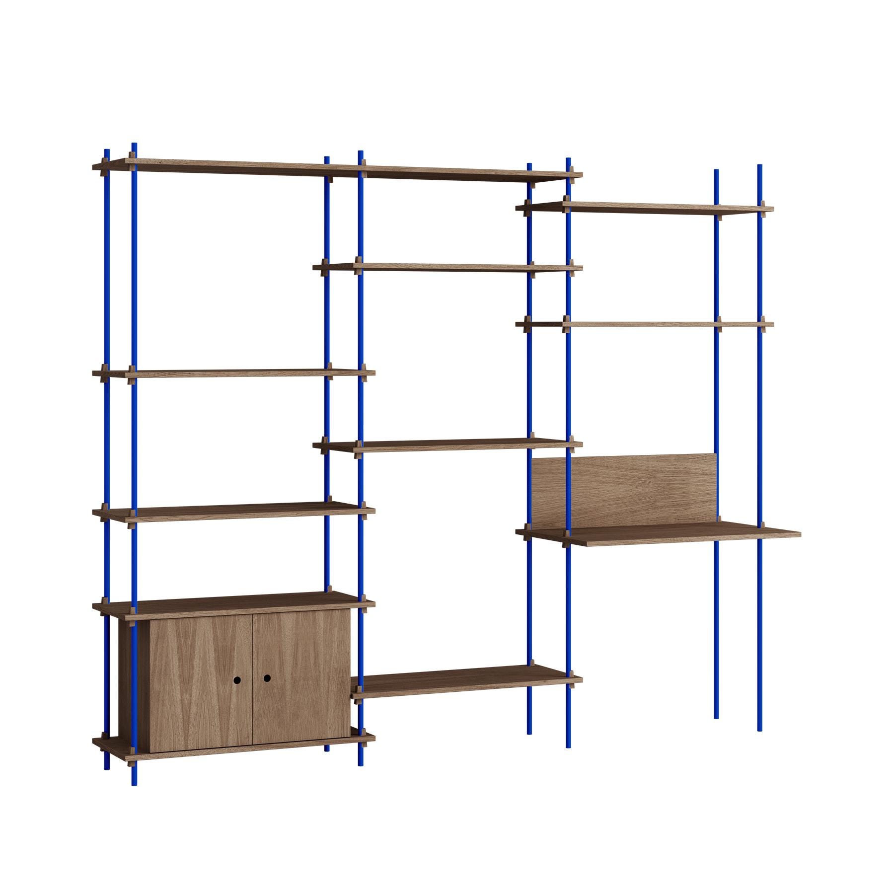 Moebe Triple Shelving System With 1 Cabinet And Desk Smoked Oak Blue Dark Wood Designer Furniture From Holloways Of Ludlow