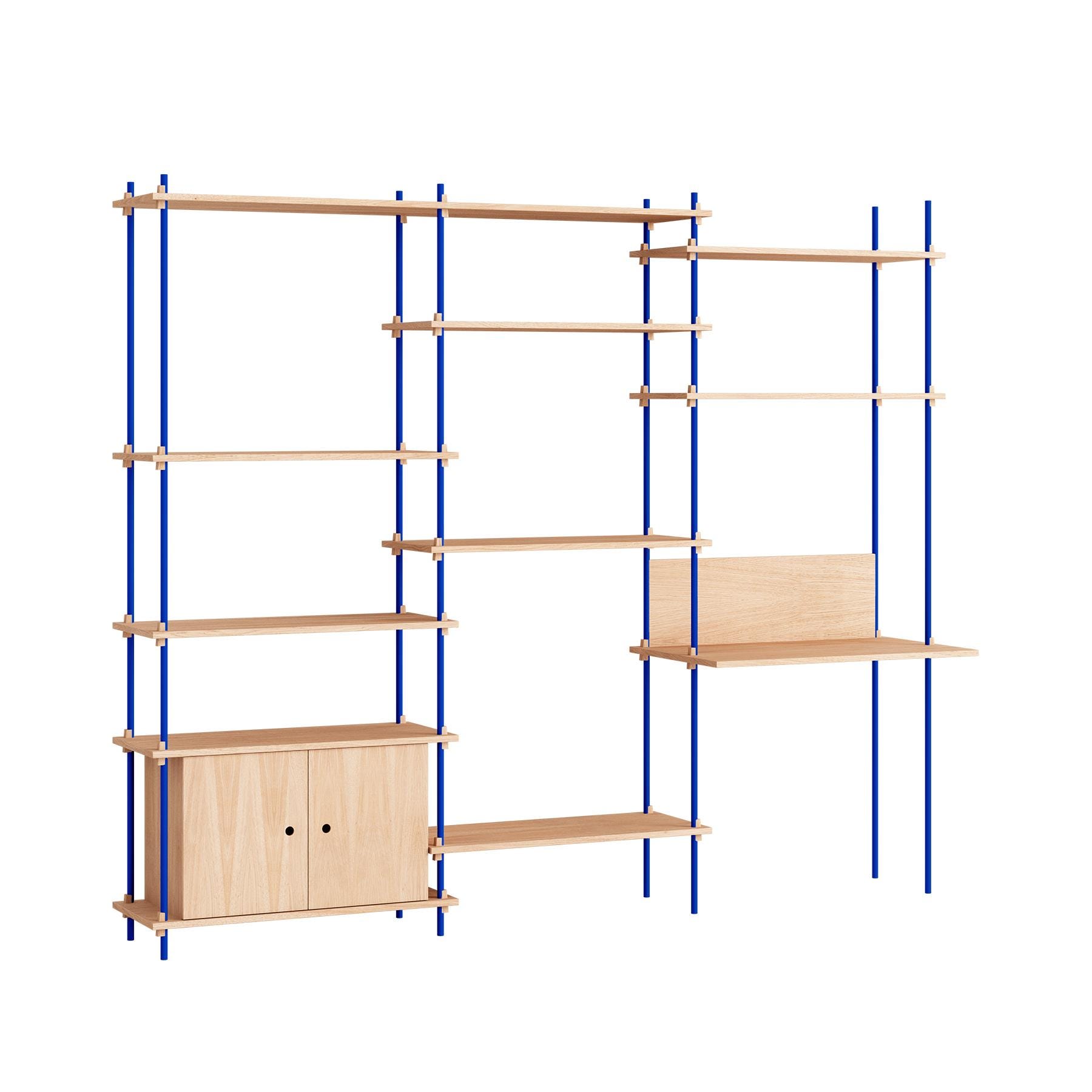 Moebe Triple Shelving System With 1 Cabinet And Desk Oak Blue Light Wood Designer Furniture From Holloways Of Ludlow