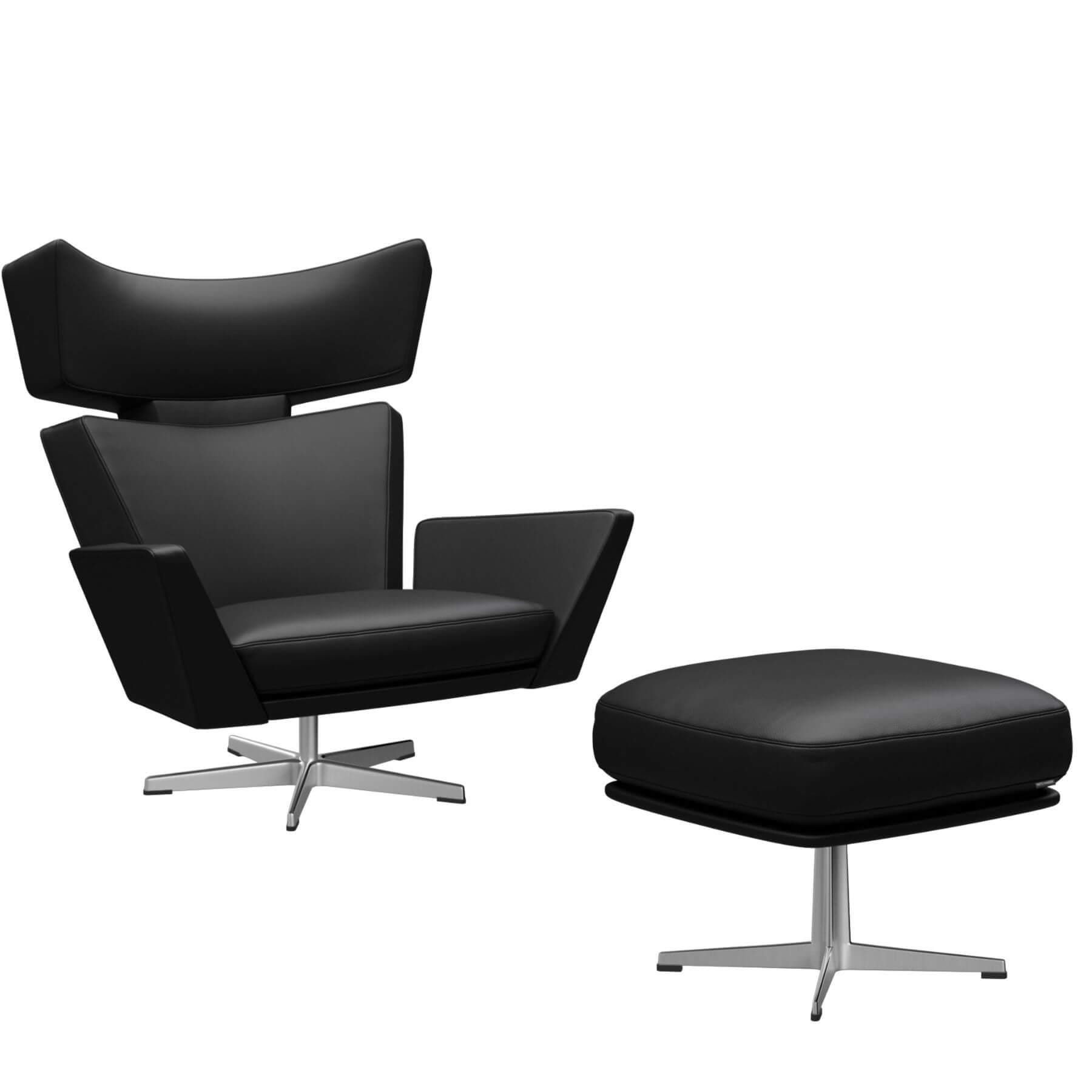 Fritz Hansen Oksen Lounge Chair Aura Black Leather Brushed Matt Base With Ottoman Designer Furniture From Holloways Of Ludlow