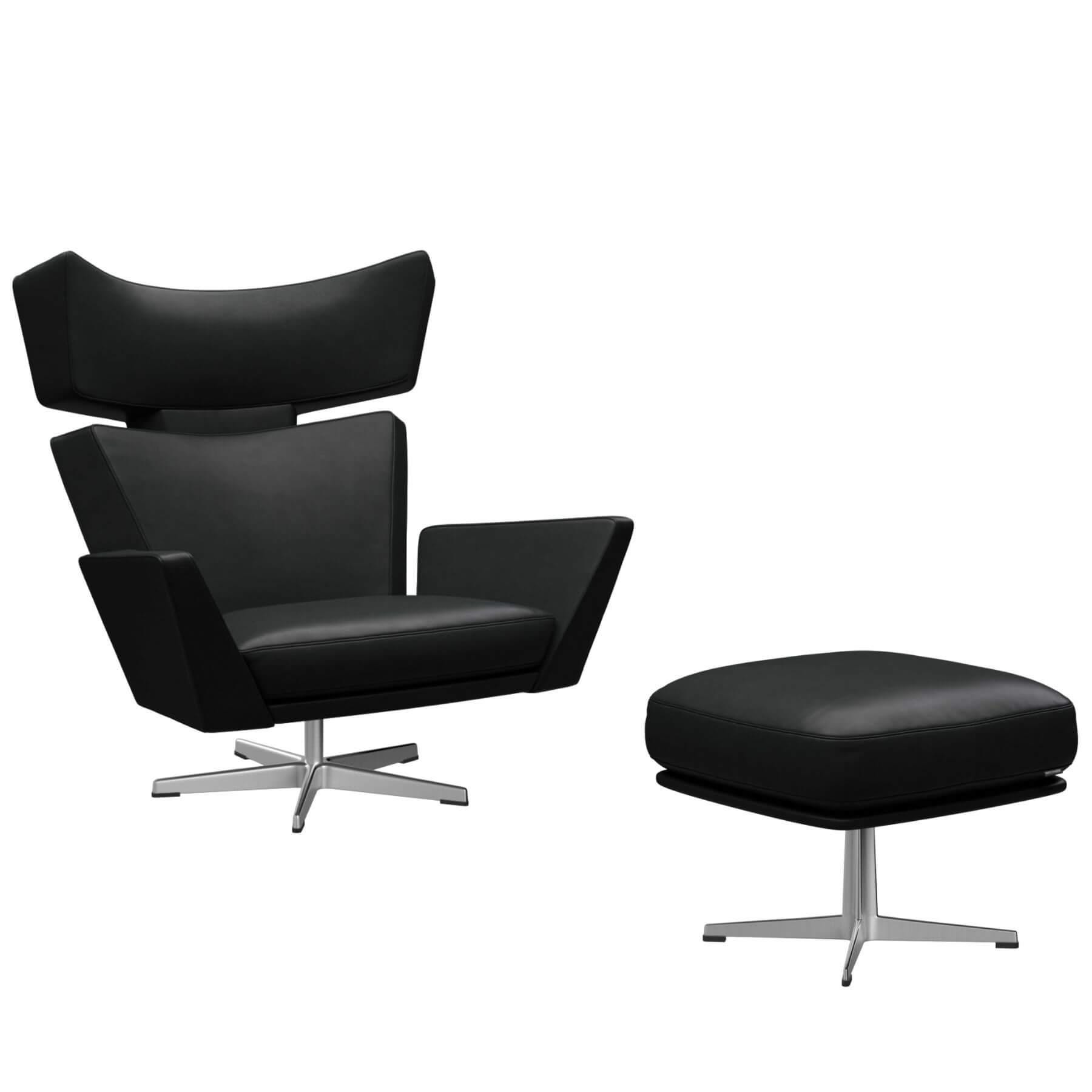 Fritz Hansen Oksen Lounge Chair Grace Leather Black Brushed Matt Base With Ottoman Designer Furniture From Holloways Of Ludlow