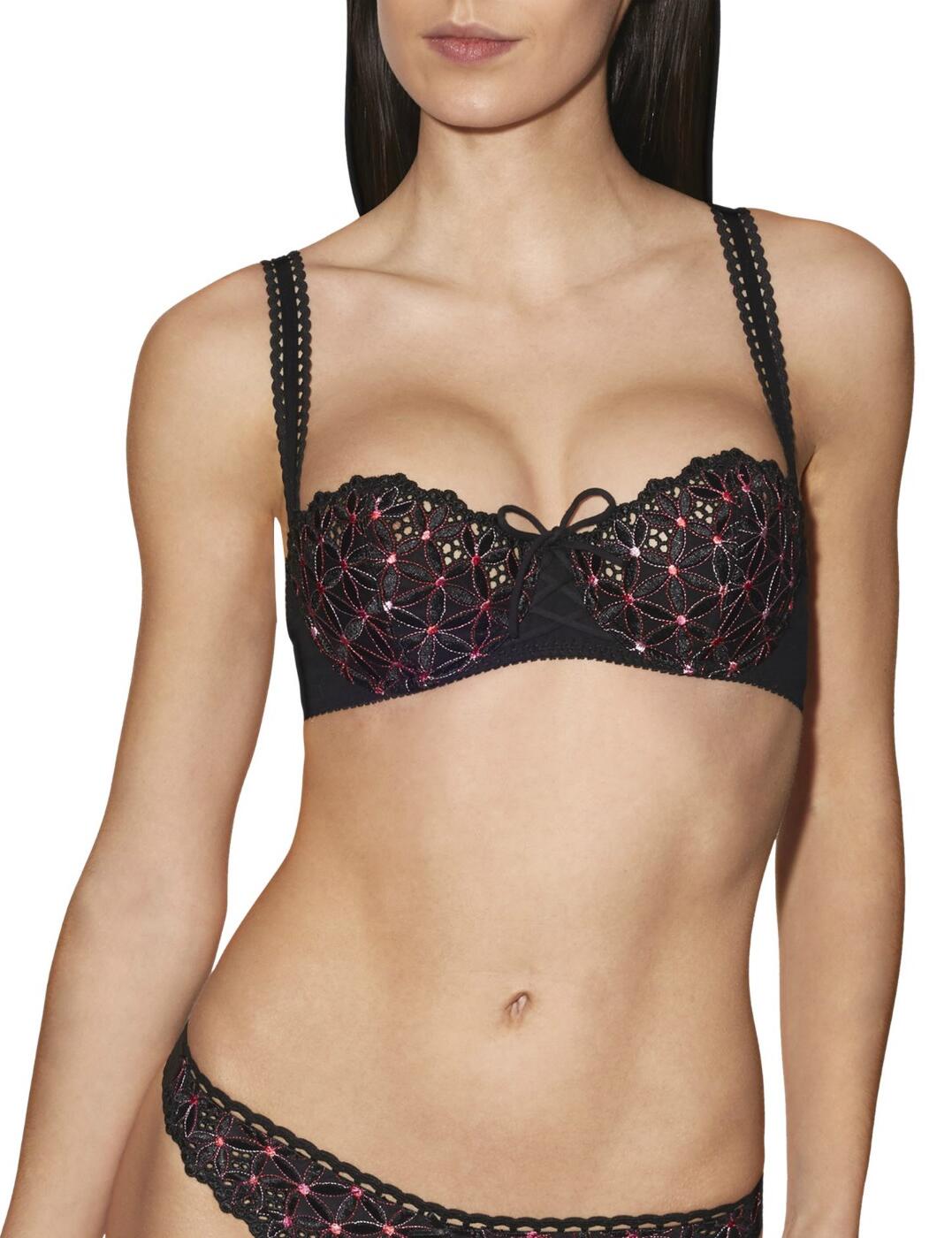 The Bahia collection is a true showstopper. With beautifully embroidered cups featuring elegant floral detailing, and a lattice bow to the centre. This bra is underwired to provide excellent support and uplift. It embraces a popular half cup design meaning it offers enhanced cleavage, without compromising on support. This bra fastens at the back with hook and eye closure and also has adjustable straps for a truly unique fit. Pair with matching items to complete your look.  Beautifully embroidered cups Comfortable and flexible fit Underwired support and uplift Non-padded Popular half-cup design Adjustable straps Exquisite lattice detail at the centre Hook and eye closure at the rear Matching items available Composition of cup embroidery: 53% Cotton &pipe; 47% Polyester. Cup lining: 100% Polyamide Front and back mesh: 92% Cotton &pipe; 8% Elastane Listed in UK sizes  35011-64243-850974 5014-7 Half Cup Bra