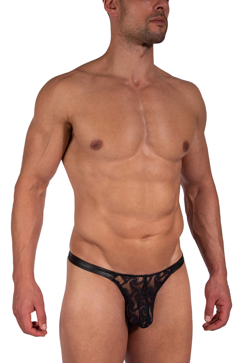 Manstore M2390 Tower String men’s underwear thong brief – enhancing pouch lace and vegan leather male slip. Shop sexy skimpy low rise undies online