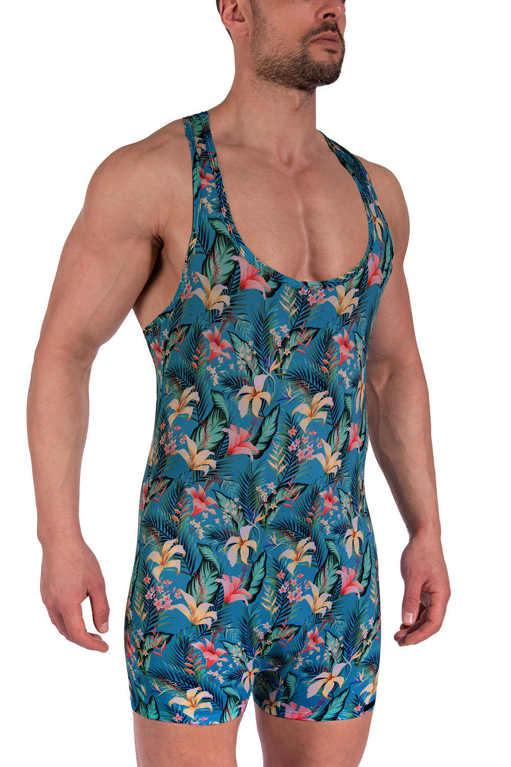 Manstore M800 Sport Body men’s underwear all-in-one. Shop this fine and light male one piece – racer back vest top and boxer brief bottom. Buy now