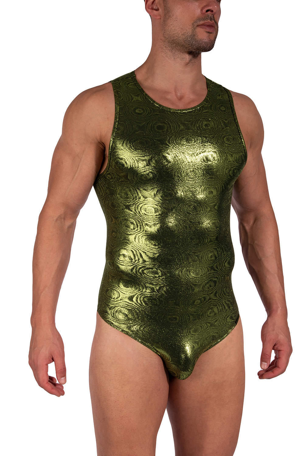 Shop shiny green Manstore M2389 String Body men’s underwear all-in-one. A sleek male one piece in luxury silky ripple effect fabric. We ship worldwide