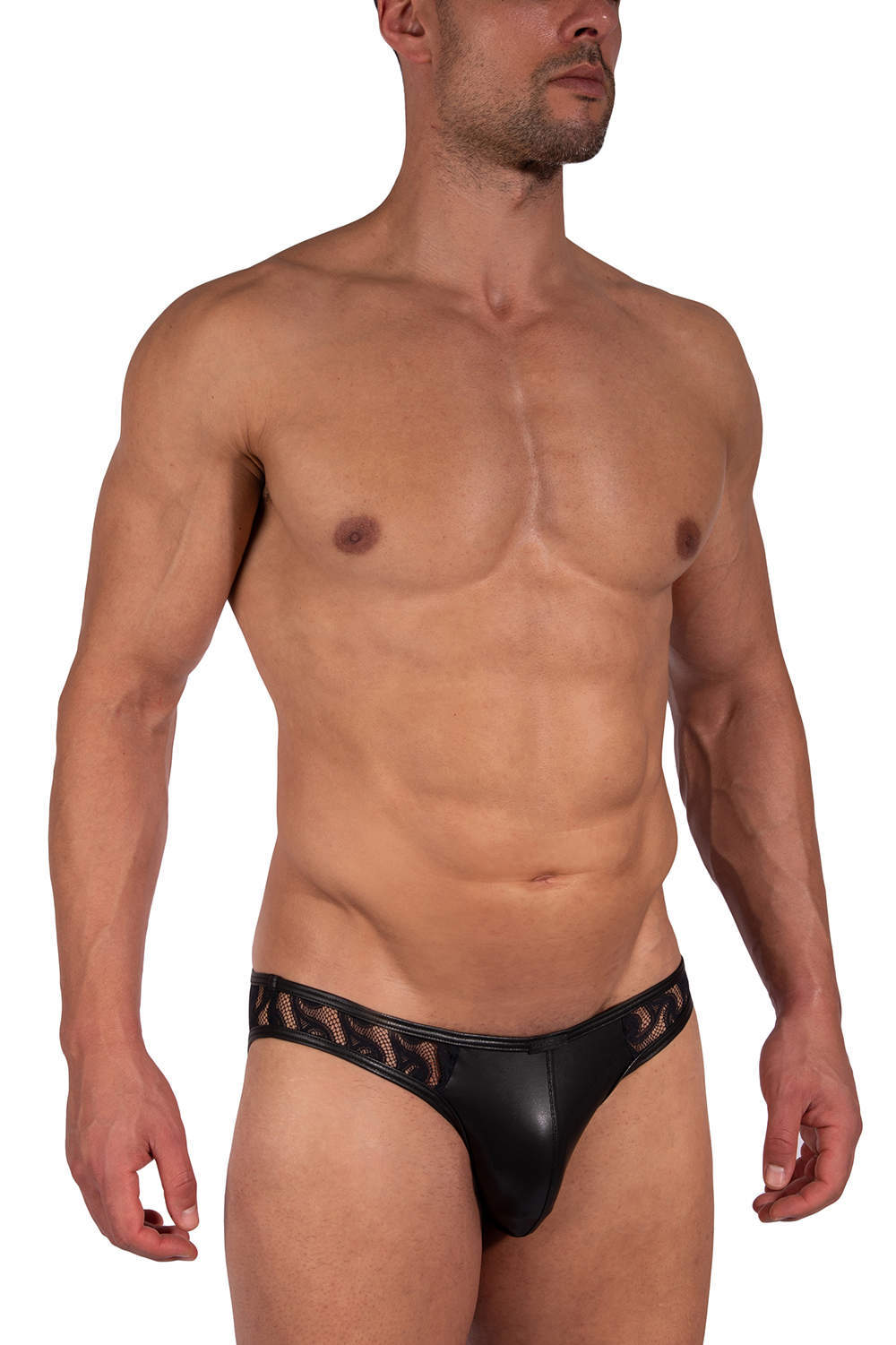 Shop sexy Manstore M2390 Bungee Brief men’s underwear bikini – vegan leather cupped pouch and see through lace. Buy skimpy low rise male micro slips