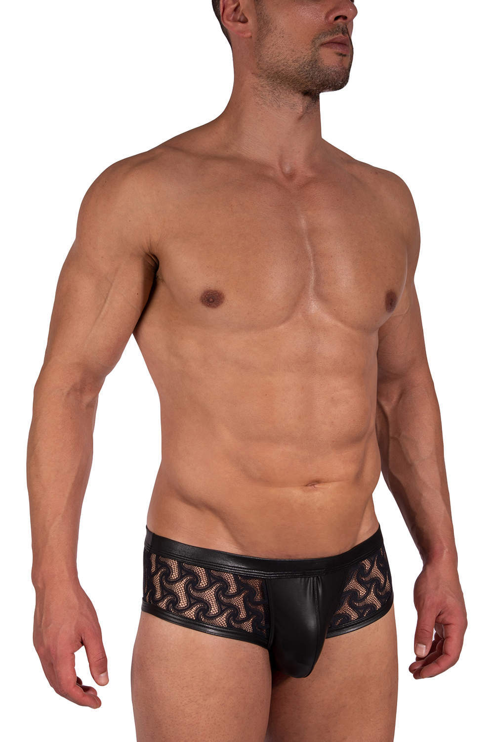 Shop Manstore M2390 Hot Pants men’s underwear hipster brief – vegan leather cup pouch and see through lace back and sides. Buy sexy male shorts online