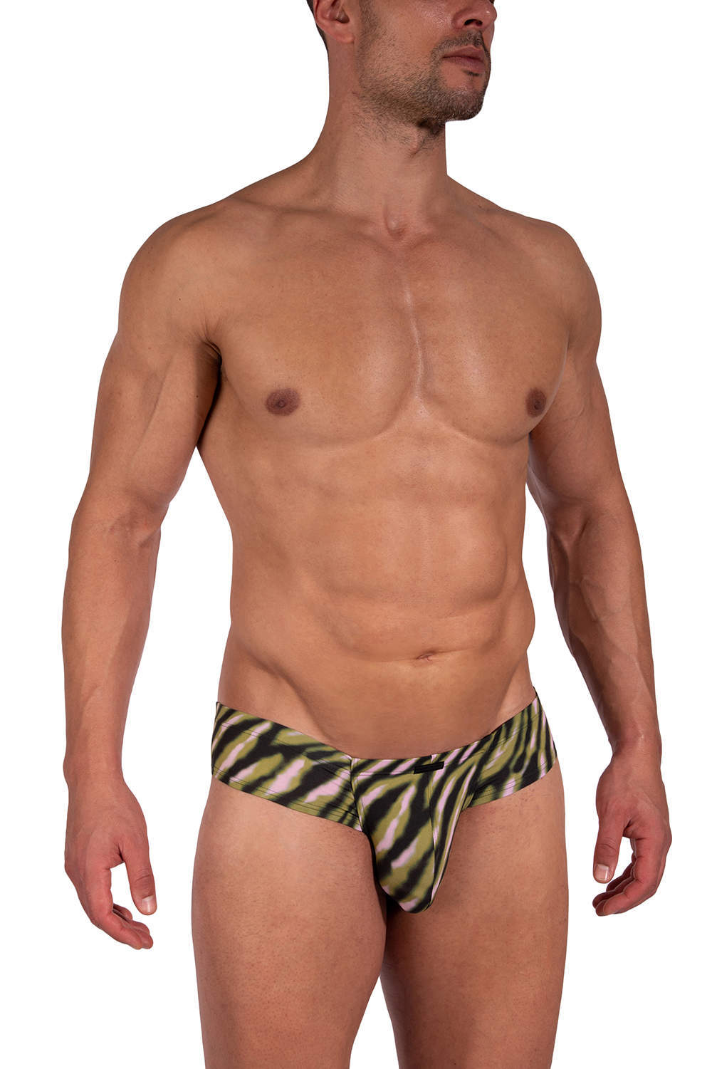 Shop Manstore M2388 Cheeky Brief men’s underwear hipster in luxury silky animal print. Low rise high leg male mini shorts with enhancing cupped pouch