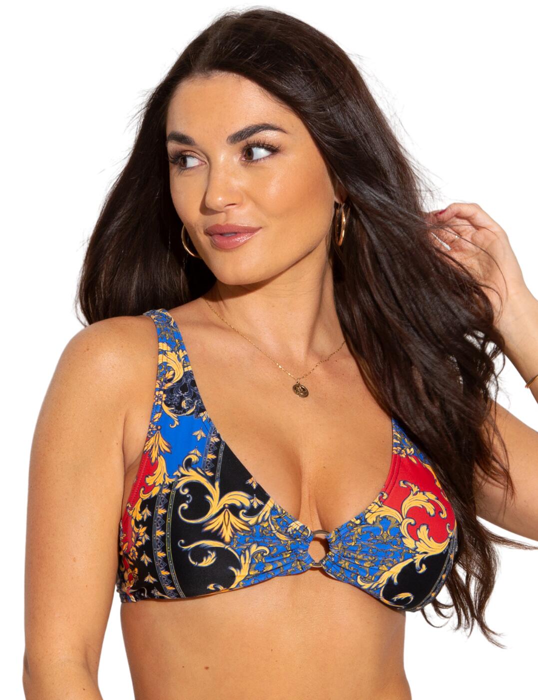 Show off your unique bold style on the beach with the gorgeous Riviera swimwear from Pour Moi. This bikini top boasts a dazzling print and deep plunging neckline, which will easily bring attention to your gorgeous curves. The non-wired cups are connected with cheeky and stylish golden hardware. The removable padding allows you to decide whether you prefer a more sculpted or natural look. Wear with matching coordinates from the Riviera collection for a fully coordinated look.  Deep plunging neckline Eye-catching print Golden ring hardware in the centre front connecting the cups Adjustable shoulder straps Classic swimwear clip fastening Non-wired Padded (removable pads) Matching coordinates available Country of origin: China Composition: 80% Polyamide &pipe; 20% Elastane Listed in UK sizes  55448-98846-1289603 24301  Plunge Bikini Top