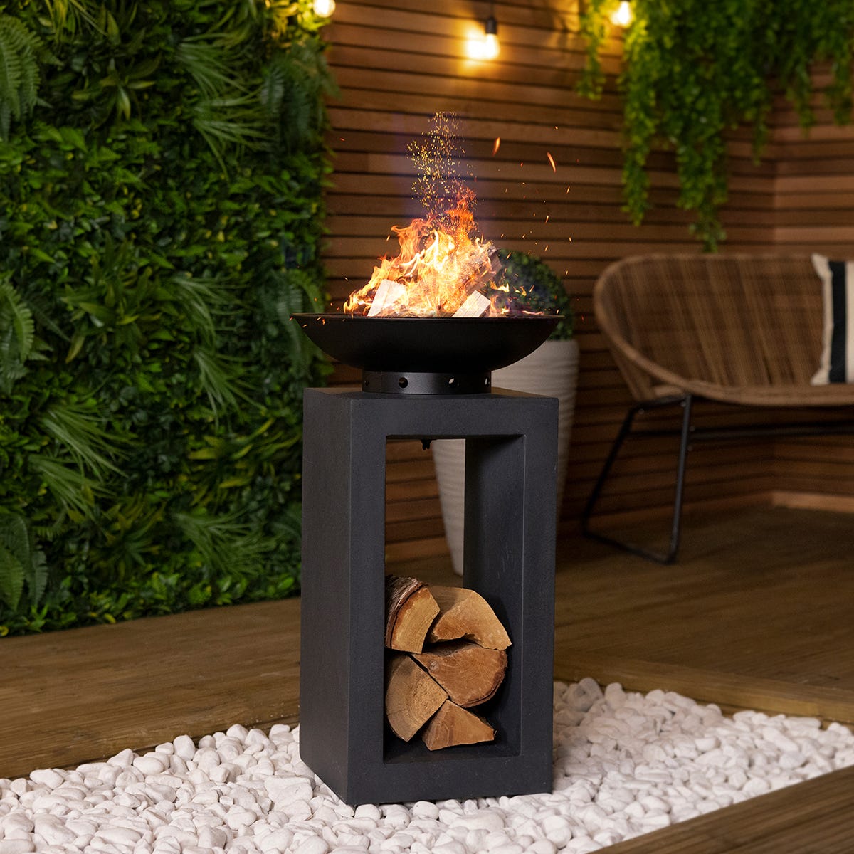 Charles Bentley Fire Pit With Metal Fire Bowl And Hollow Concrete Base For Log Storage