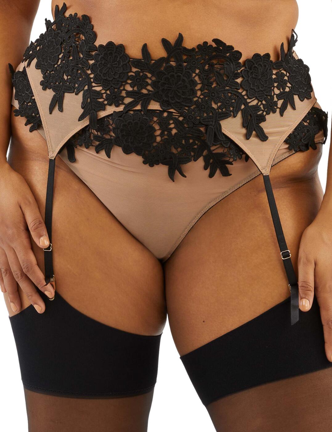 No lingerie look is complete with a sexy suspender and this mesh and black applique suspender from the Alaina is not to be missed out on! From Playful Promises, this suspender ensures a fit that will you leave you feeling incredible. The suspender features the classic Alaina illusion effect with transparent fabric and a floral embroidery overlay at the waistband. It closes at the rear with a hook and eye closure and has adjustable straps allowing you to achieve the perfect length if you want to attach stockings. Matching items available to create a fully coordinated look.  Suspender Illusion effect with a floral embroidery overlay around the waist Hook and eye closure at the rear Adjustable straps Matching items available Country of Origin:- China Composition:- Main: 100% Polyester Composition:- Main 2: 76% Polyamide &pipe; 17% Elastane &pipe; Excluding trims Listed in UK sizes  55512-98967-1293475 PPGSB086 Suspender Belt