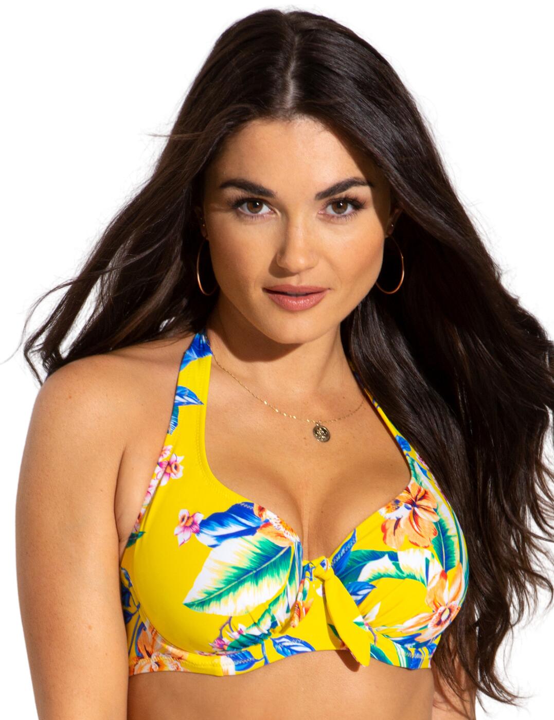 The Heatwave range by Pour Moi brings trendy swimwear with a colourful floral print. This halter underwired top is not one to miss out on with an amazing look and fit. It features underwire, non-padded cups, clasp closure and has a tie at the neck design allowing for a perfect fit. The bikini top provides full coverage with the halter straps providing additional shape and support. Made complete with a bow in the centre.  Halterneck underwired top Colourful floral print Non-padded cups Clasp closure Halterneck straps Bow in the centre Country of Origin:- China Composition:- 80% Polyamide &pipe; 20% Elastane Listed in UK sizes  55521-98976-1288852 86002  Halter Bikini Top