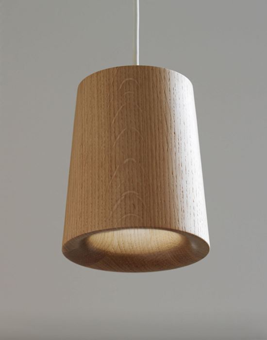 Terence Woodgate Solid Pendants Wood Natural Oak Cone Black Cable Light Wood