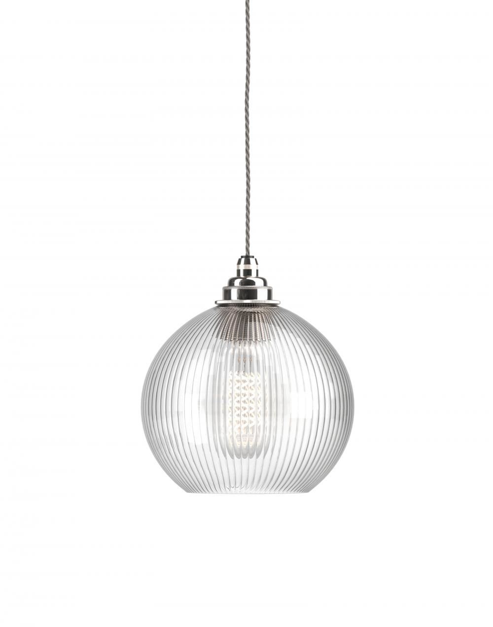 Fritz Fryer Hereford Pendant Medium Skinny Ribbed Nickel Clear Designer Pendant Lighting