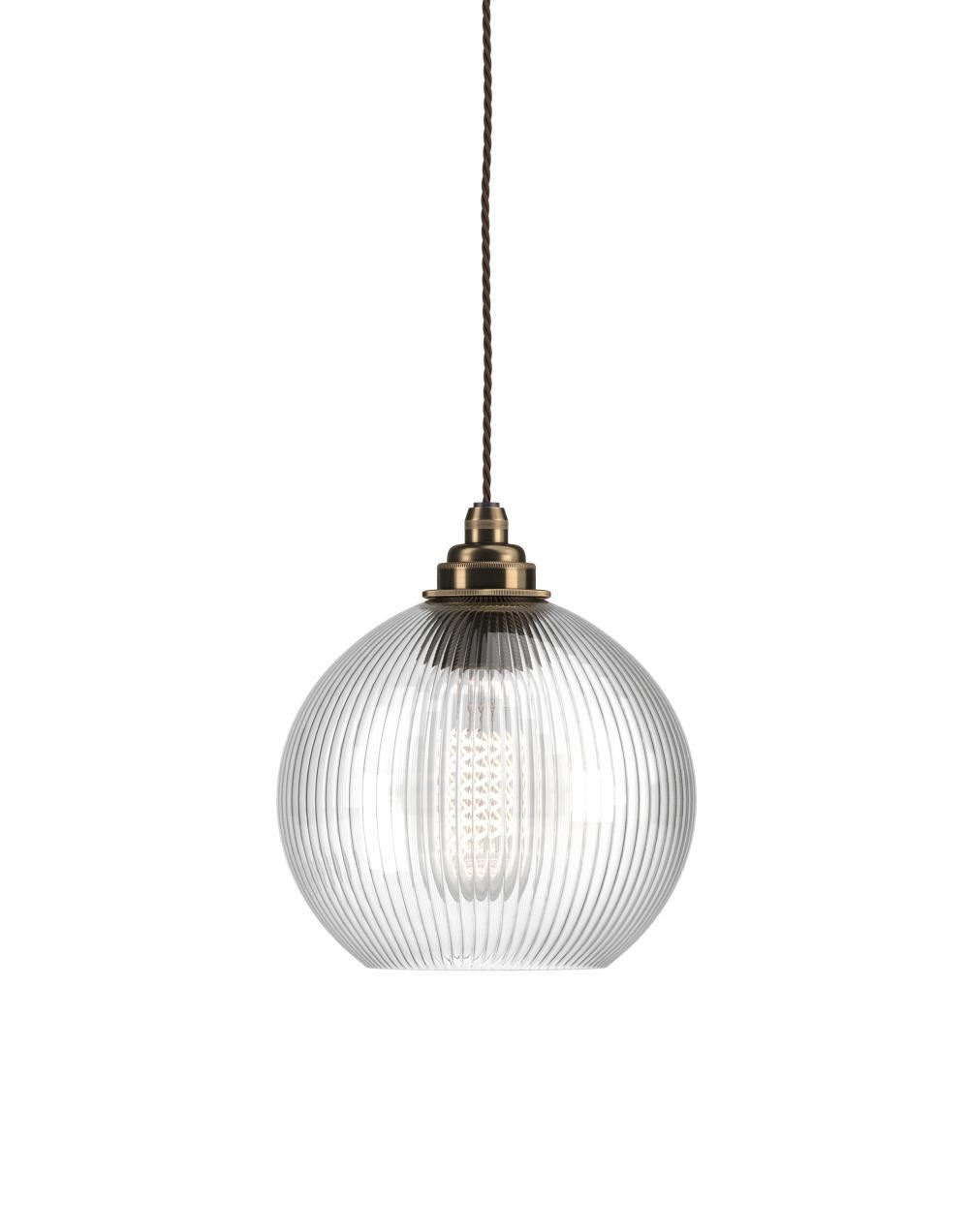 Fritz Fryer Hereford Pendant Medium Skinny Ribbed Antique Brass Clear Designer Pendant Lighting