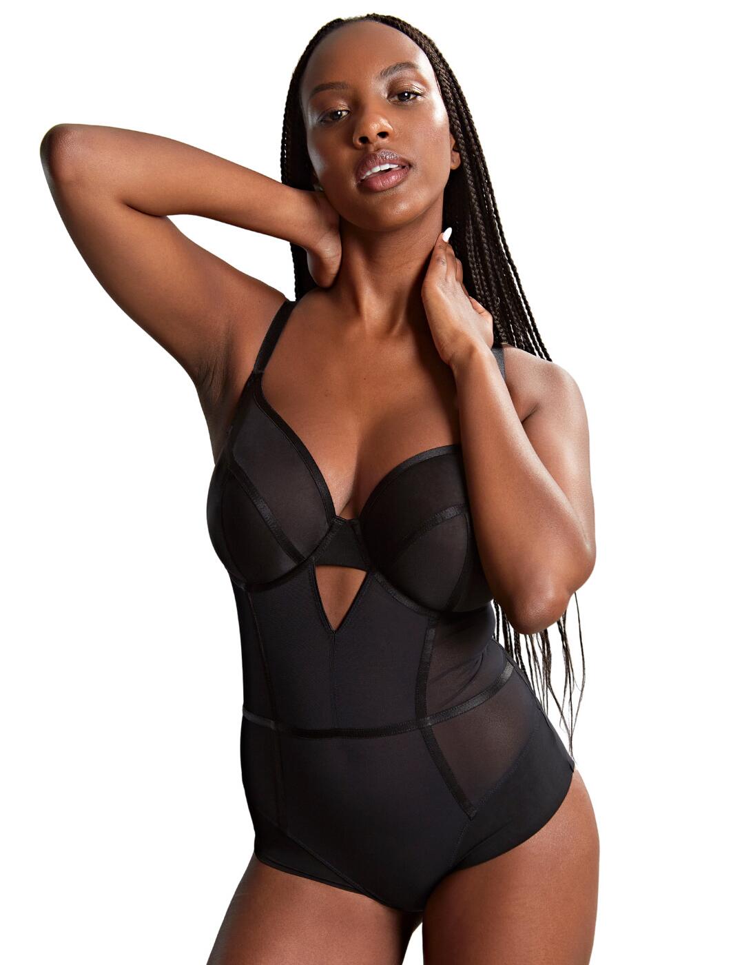 Attention all ladies in search of elegant lingerie that will make you feel like a goddess, look no further! The Panache Tango Essence plunge bodysuit is here to fulfil all your desires and make you feel irresistible. It flatters and supports with underwired, non-padded plunge cups, sculpting a gorgeous silhouette. An enticing centre cut-out offer a blend of sophistication and allure, while the semi-sheer fabric whispers elegance. Comfort isn't compromised, thanks to the opaque rear fabric and adjustable fittings along with the folded back leg that ensures no VPL. With shiny elastic detailing adding a luxurious touch, this bodysuit is both empowering and exquisite, promising to elevate your lingerie repertoire to new heights of desirability.
