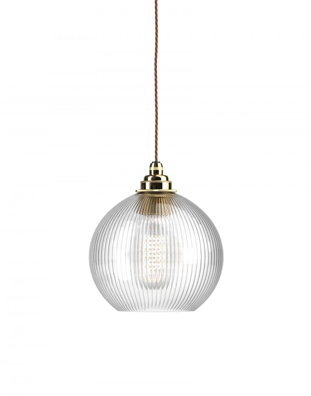 Fritz Fryer Hereford Pendant Medium Skinny Ribbed Polished Brass Clear Designer Pendant Lighting