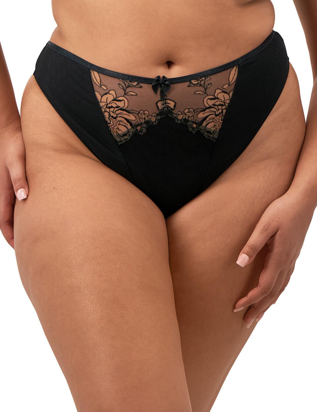 Celebrate your beautiful curves with this chic and daring thong from the Teagan collection by Elomi! Designed to show off your figure, the classic thong style with minimal rear coverage offers an edgy and alluring aesthetic, enabling you to exude confidence. With gorgeous floral embroidery on semi-sheer panels at the centre front, this eye-catching thong is an absolute must have! What's more, the high-rise waist and high-cut legs flatter and compliment your figure for an irresistible look. Pair with a matching bra from the Teagan collection for a comfortable and alluring ensemble!