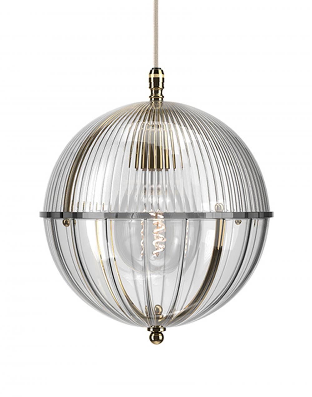 Fritz Fryer Grafton Globe Pendant Polished Brass Skinny Ribbed Clear Designer Pendant Lighting