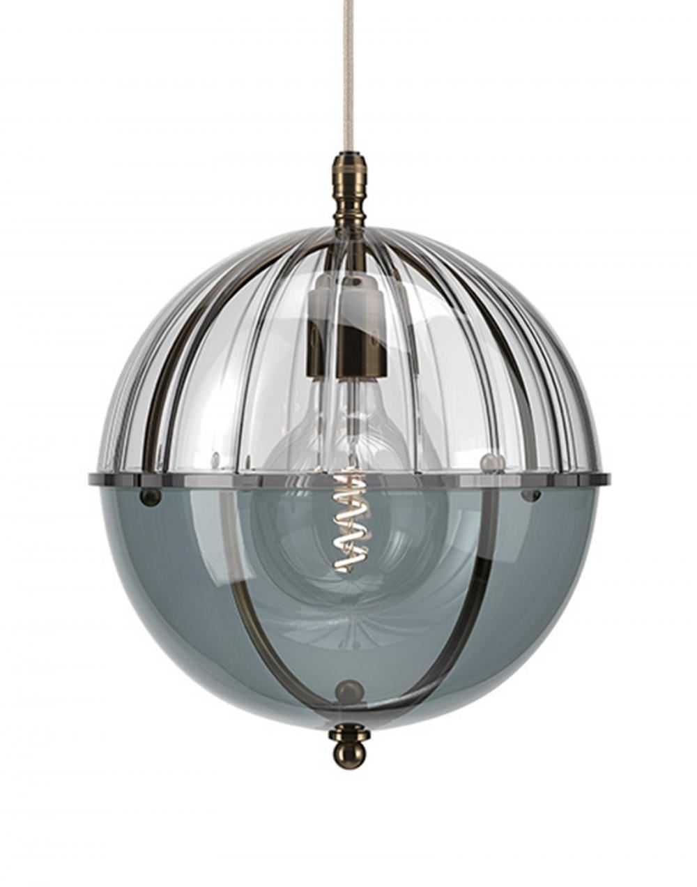 Fritz Fryer Grafton Globe Pendant Antique Brass Ribbed Smoked Clear Designer Pendant Lighting