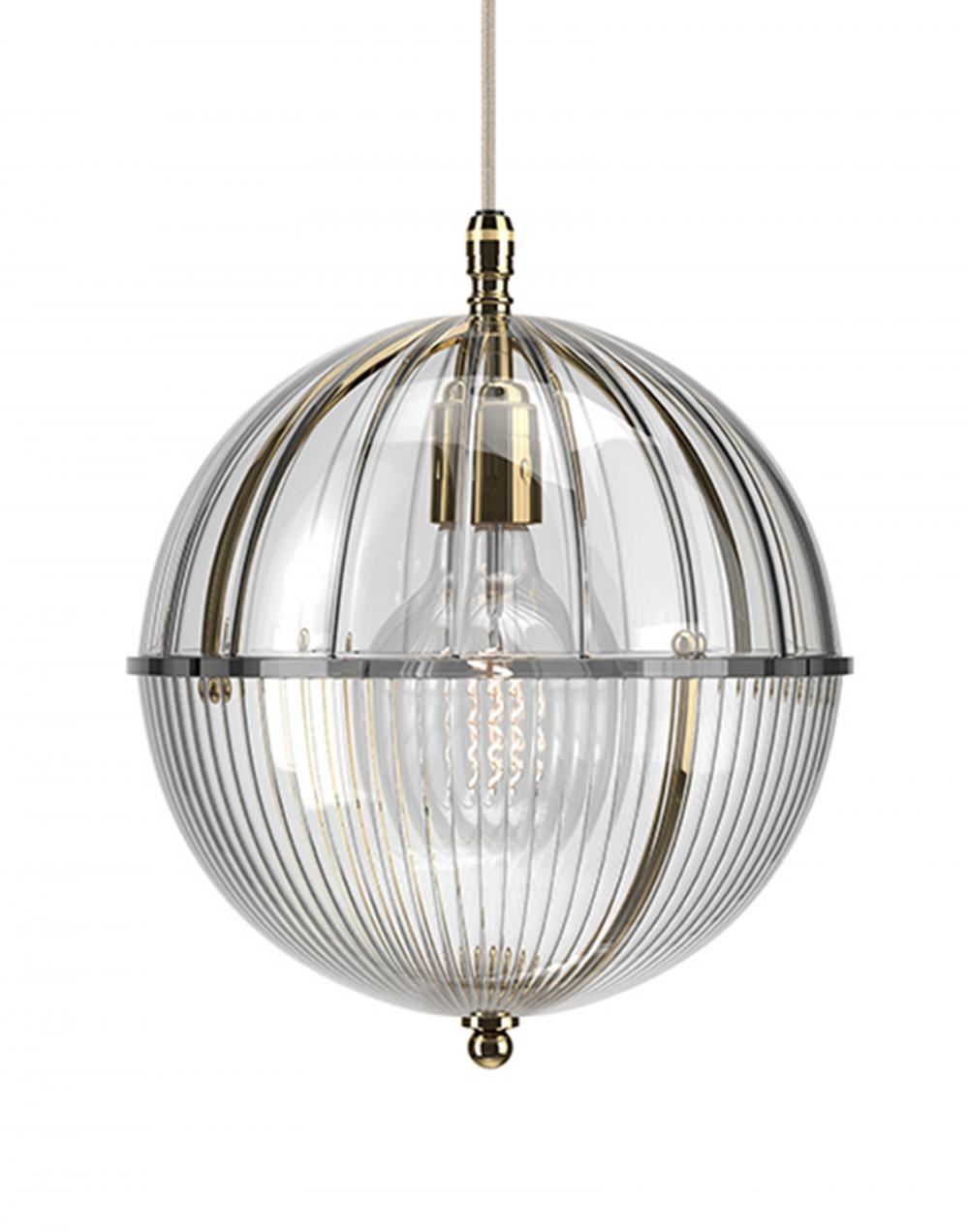 Fritz Fryer Grafton Globe Pendant Polished Brass Ribbed Skinny Clear Designer Pendant Lighting