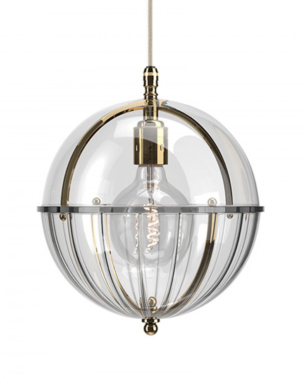 Fritz Fryer Grafton Globe Pendant Polished Brass Clear Ribbed Clear Designer Pendant Lighting