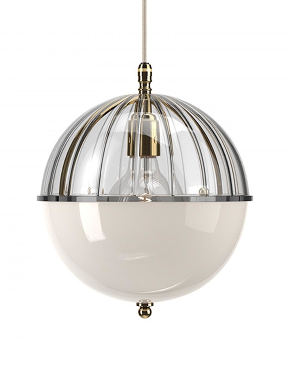 Fritz Fryer Grafton Globe Pendant Polished Brass Ribbed White Clear Designer Pendant Lighting