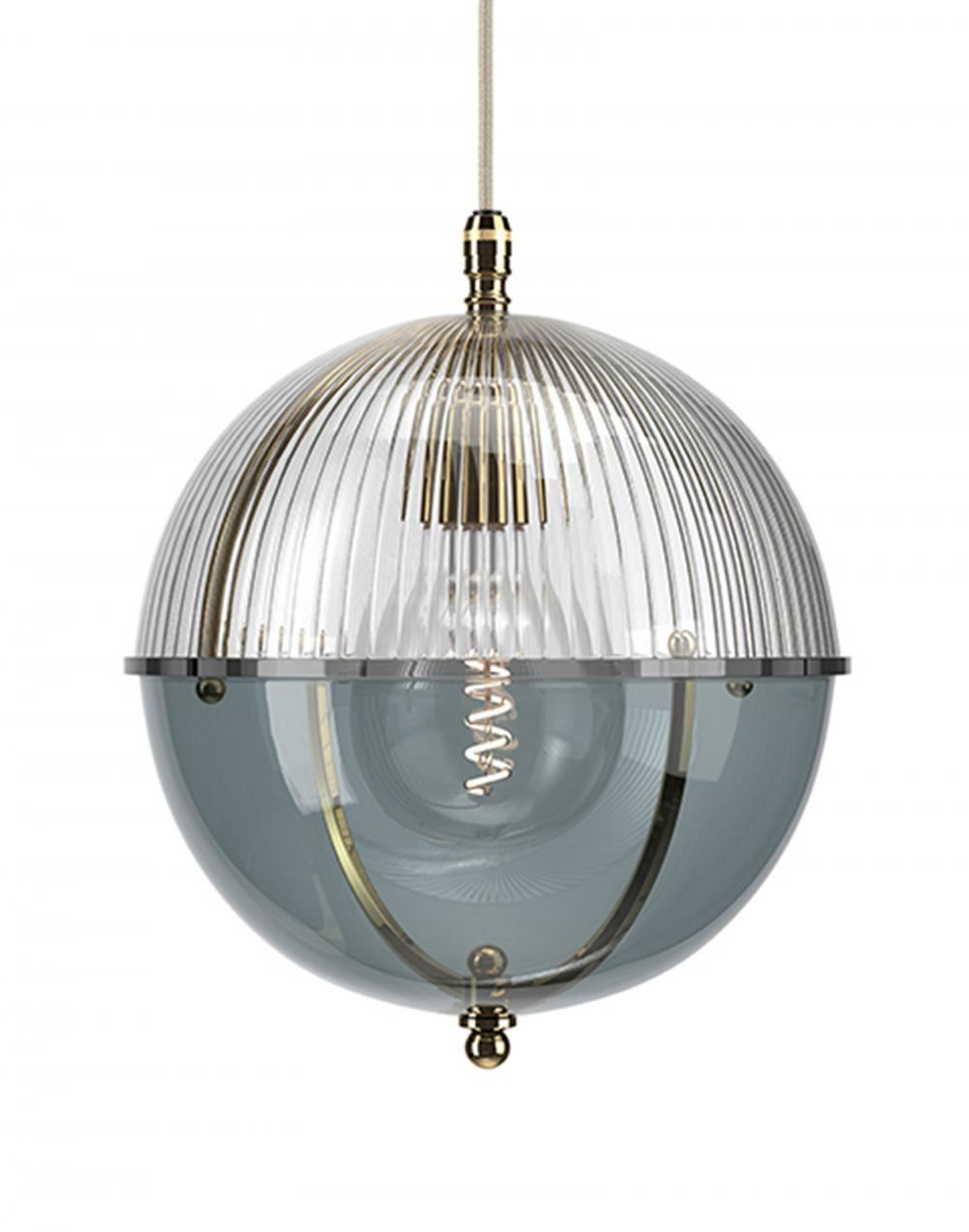 Fritz Fryer Grafton Globe Pendant Polished Brass Skinny Smoked Clear Designer Pendant Lighting