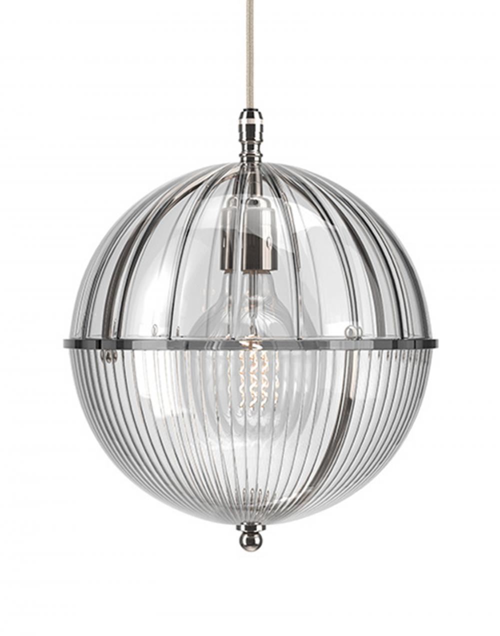 Fritz Fryer Grafton Globe Pendant Nickel Ribbed Skinny Clear Designer Pendant Lighting