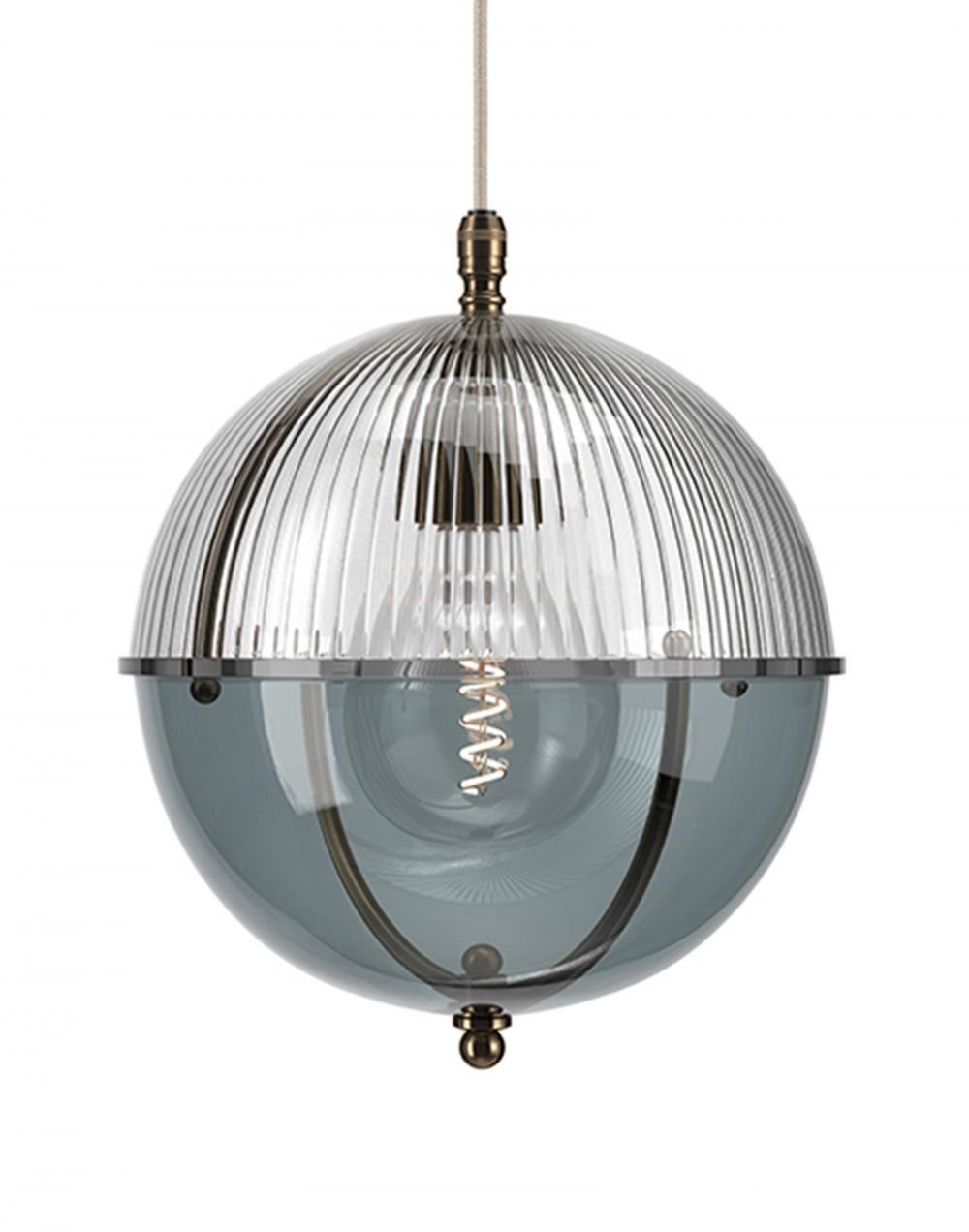 Fritz Fryer Grafton Globe Pendant Antique Brass Skinny Smoked Clear Designer Pendant Lighting