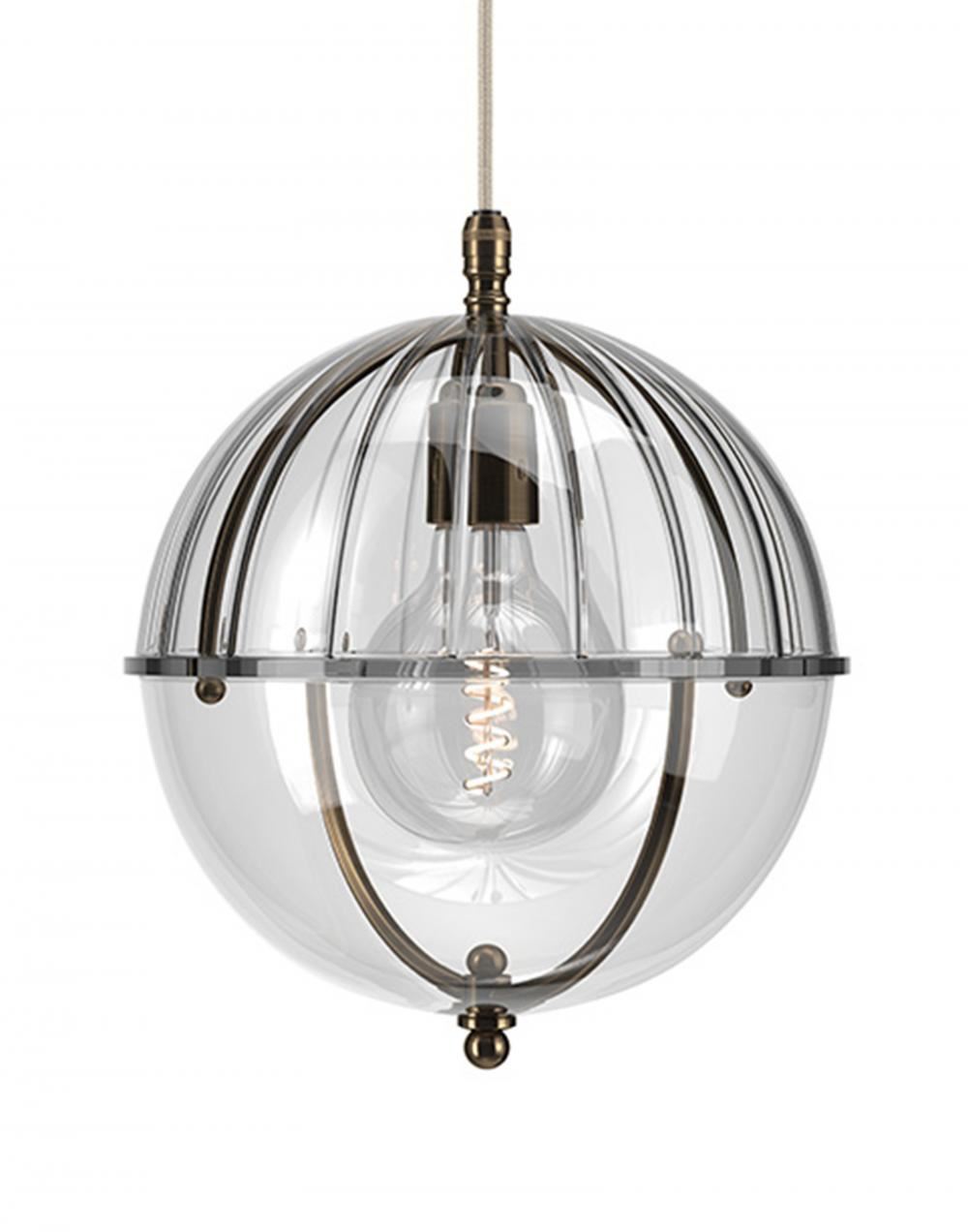 Fritz Fryer Grafton Globe Pendant Antique Brass Ribbed Clear Designer Pendant Lighting