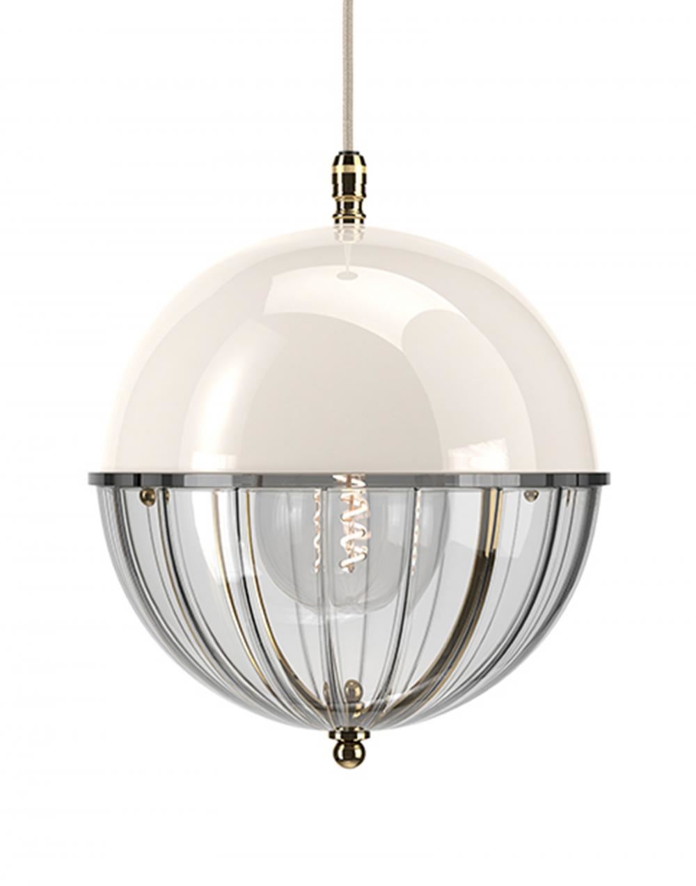 Fritz Fryer Grafton Globe Pendant Polished Brass White Ribbed White Designer Pendant Lighting