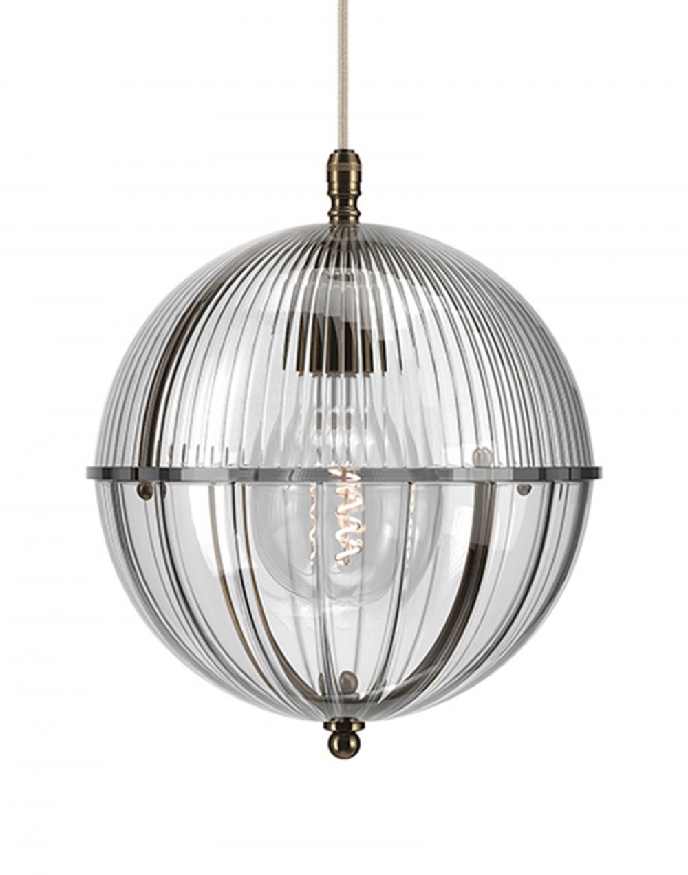 Fritz Fryer Grafton Globe Pendant Antique Brass Skinny Ribbed Clear Designer Pendant Lighting