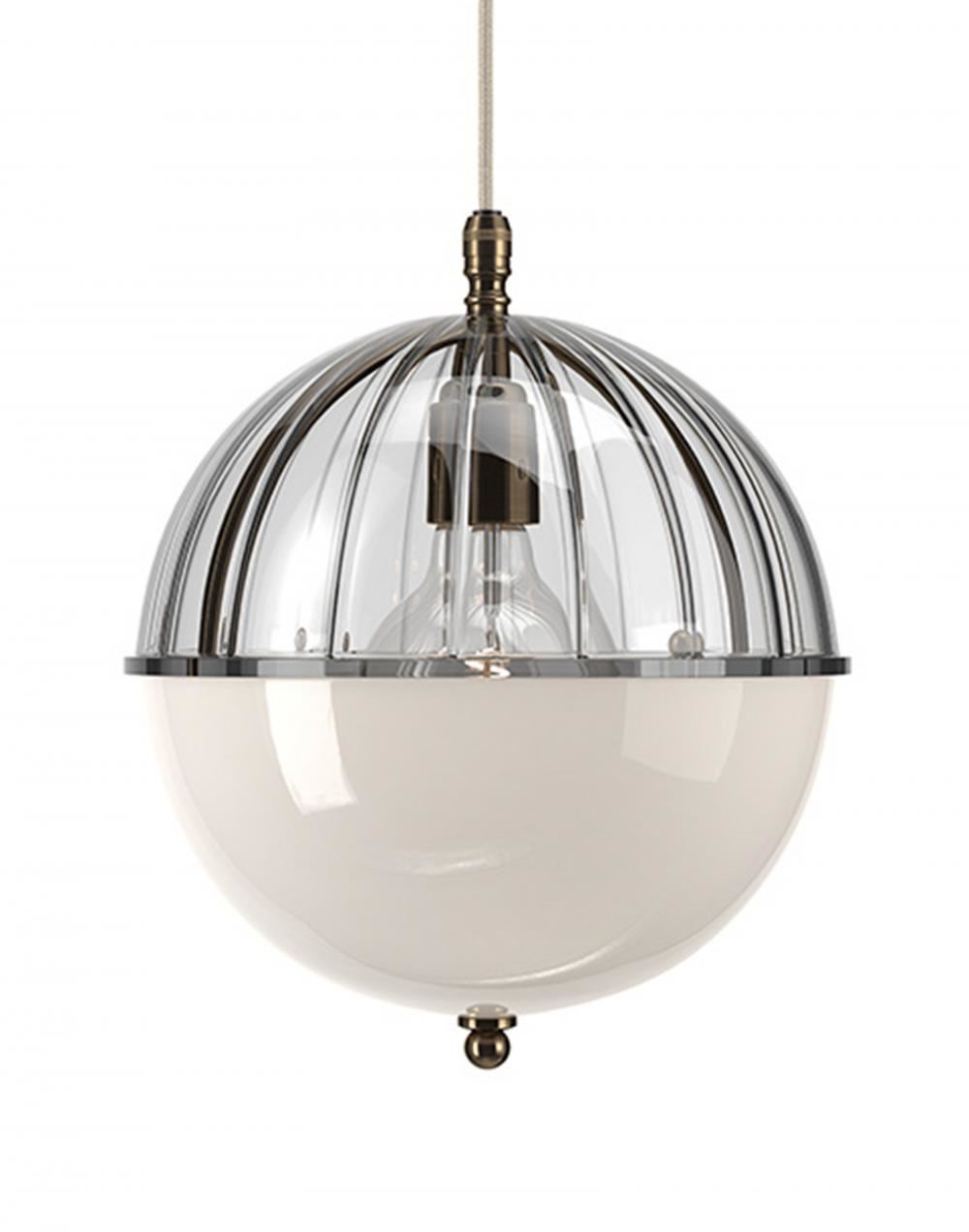 Fritz Fryer Grafton Globe Pendant Antique Brass Ribbed White Clear Designer Pendant Lighting