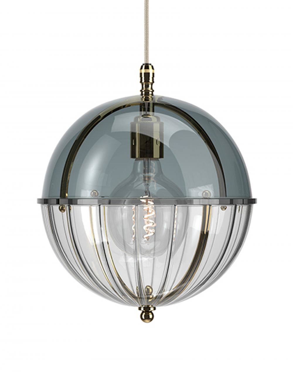 Fritz Fryer Grafton Globe Pendant Polished Brass Smoked Ribbed Grey Designer Pendant Lighting